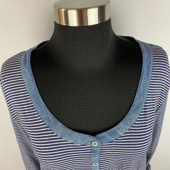 Thyme And Honey L Striped Partial Button Front Henley Top Roll Tab Long Sleeves - Picture 3 of 12
